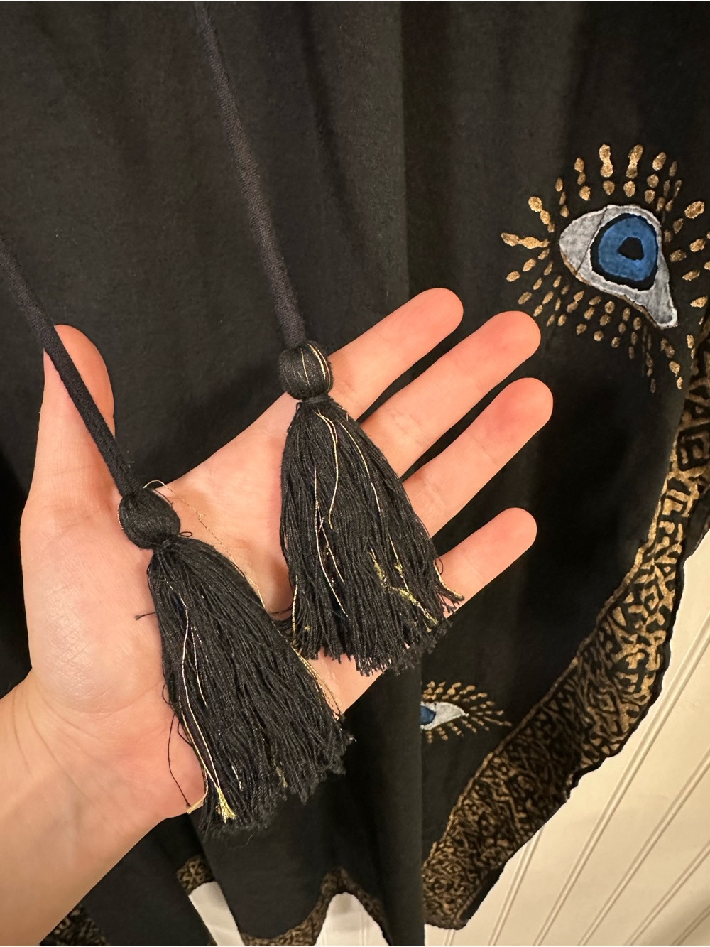 Black Evil Eye Gold Accent Kaftan Boho Coastal Luxe Mediterranean Cotton Coverup - Picture 6 of 12
